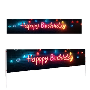 Neon style birthday banner with brick wall background and colorful glowing party light effect