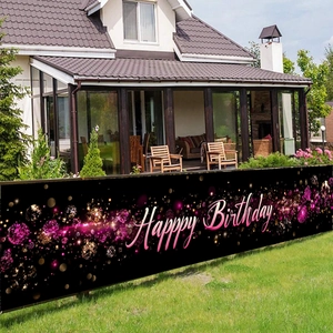 Bannière Happy Birthday rose et noire pour décoration de fête sur clôture