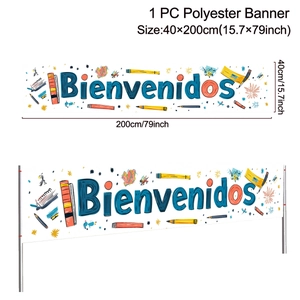 Detailansicht des Bienvenidos-Banners 40x200cm mit Schulmotiven und Schreibwaren-Grafiken