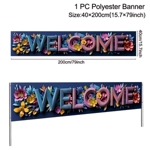 Detail of 40x200cm Welcome banner with 3D floral design on dark blue polyester