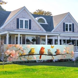 Spring Summer Flower Bird Garden Banner Outdoor Fence Privacy Screen Polyester Floral Birds Decorative Wall Hanging Yard Backdrop