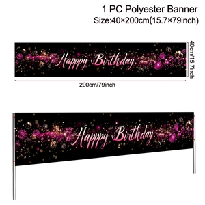Détail de la bannière Happy Birthday 40x200cm noir et rose avec dimensions précises