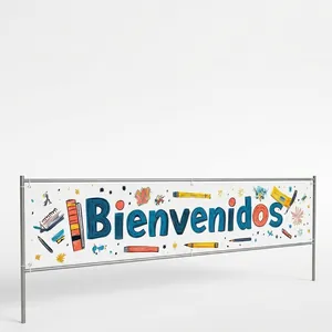Schulanfang-Banner mit Bienvenidos Schriftzug und bunten Schreibwaren auf weißem Grund