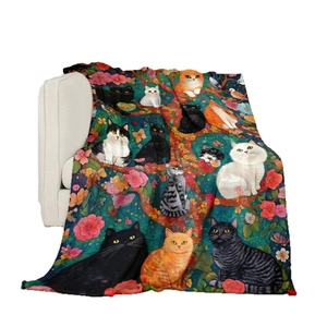 Artistic cat pattern flannel blanket with various kittens sitting on blooming floral branches