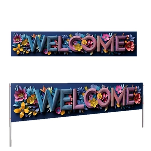 3D floral welcome banner with colorful paper art flowers on a dark blue background