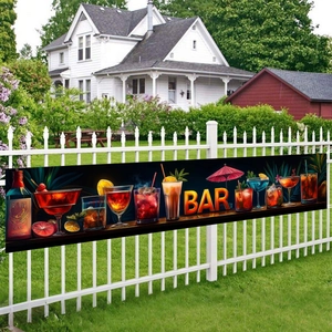Hawaii Bar Banner mit bunten Cocktails und Neon BAR Schriftzug auf einem Gartenzaun