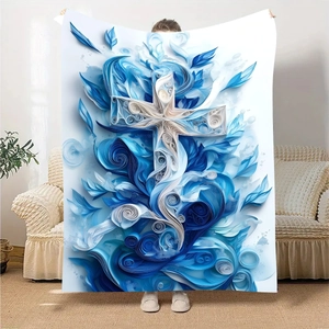 Couverture en flanelle avec croix artistique en 3D et motifs floraux de couleur bleu