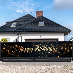 Elegant black and gold Happy Birthday banner with glitter stars for outdoor yard decoration