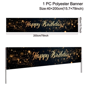 Detail of 40x200cm black and gold Happy Birthday banner with dimensions and polyester fabric texture