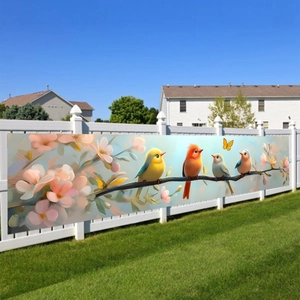 Outdoor floral banner with colorful birds and cherry blossoms in oil painting style