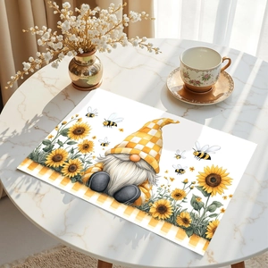 Gnome with sunflower and bees on a rectangular placemat for spring table decor