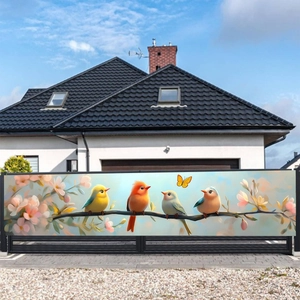 Floral bird privacy screen banner on a modern black gate for garden decoration