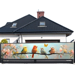 Spring floral garden banner with colorful birds and pink flowers on a fence backdrop