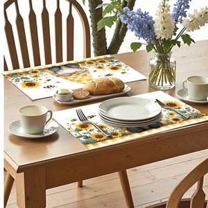 Close-up of heat-resistant sunflower gnome placemats on a wooden dining table