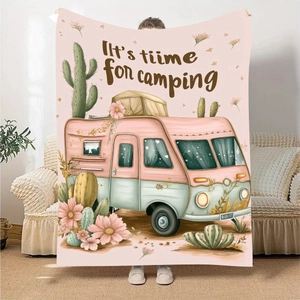 Bohemian style pink flannel camping blanket with floral camper print and artistic lettering