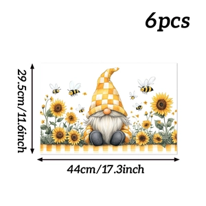 Set of 6 sunflower gnome table mats measuring 44x29.5cm for spring kitchen decoration