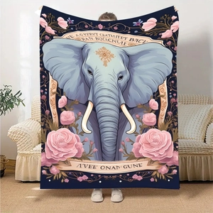 French flannel elephant blanket with pink roses and golden patterns on deep blue fabric