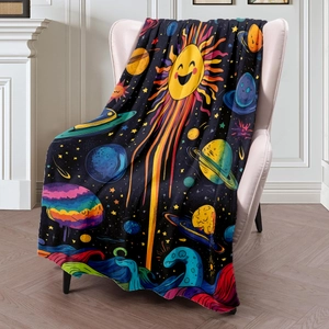 Cartoon Universe Space Planets Sun Flannel Throw Blanket Soft Polyester Nap Blanket For Bed Sofa Couch Home Decor