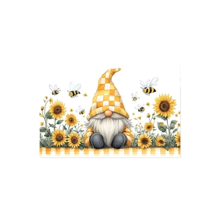 Sunflower gnome placemat with yellow plaid hat for summer dining table decor