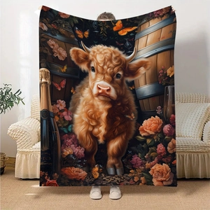Soft flannel blanket featuring digital Highland cow print with floral and butterfly accents