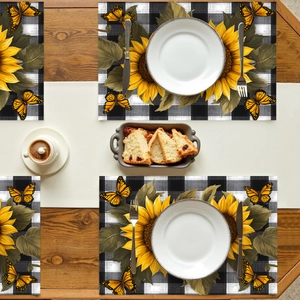 Sunflower buffalo plaid table mat set for festive rustic dining table decor