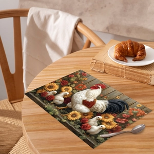 Rustic farmhouse place mat with rooster sunflower and rose floral print for dining table