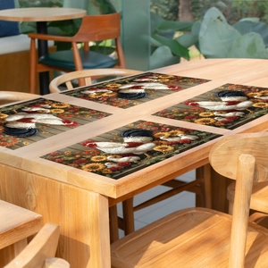 Four-piece American pastoral placemat set with rooster and floral design for rustic tables