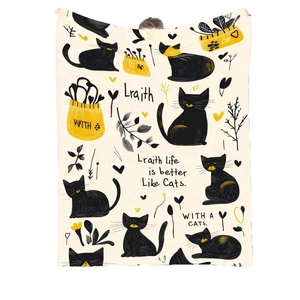Soft flannel blanket with cartoon black cats and yellow floral print in hand-drawn style