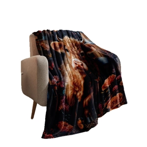 Artistic Highland Cow flannel throw blanket with digital floral and butterfly prints