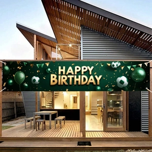 Soccer-themed Happy Birthday banner with green balloons and football icons for sports party