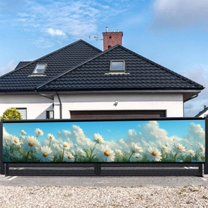 Outdoor privacy screen featuring daisy flowers and blue sky design on a metal fence