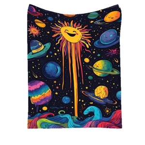 Cartoon space flannel blanket featuring a smiling sun, planets and stars on dark sky
