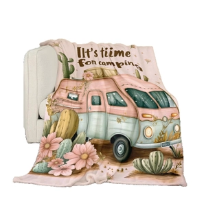Bohemian flannel blanket with camper and flower print, perfect for cozy camping vibes