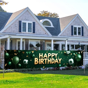 Large soccer theme Happy Birthday banner with green balloons and football elements for party