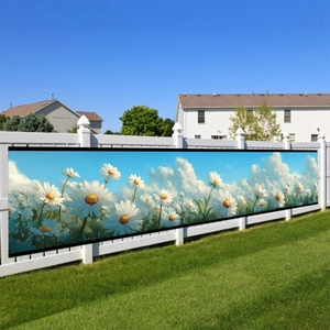 Outdoor garden fence banner with white daisy flower field under a blue sky design