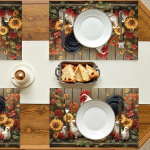 Set of 4 rustic rooster placemats with sunflower motifs on a wooden table setup