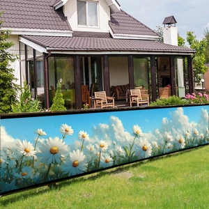 Garden privacy screen banner featuring white daisy flowers and blue sky for fence decor