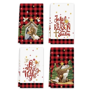 Set of 4 Christmas hand towels featuring nativity scenes and red buffalo plaid patterns