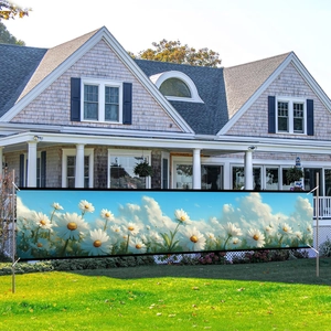 Outdoor garden privacy screen banner featuring realistic white daisies under blue sky