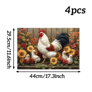 Detailed view of 4pcs rooster and sunflower placemats with 44x29.5cm size markings