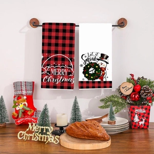 Christmas hand towel set with buffalo plaid pattern and snowman illustration for kitchen