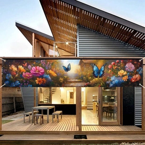 Floral and butterfly party banner for garden fence decoration with metal grommets