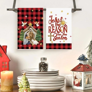 Christmas Kitchen Hand Towels Buffalo Plaid Nativity Angel Design Polyester Tea Towels For Holiday Home Party Decor
