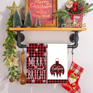 Christmas hand towel set with Merry and Bright lettering and buffalo plaid ball design