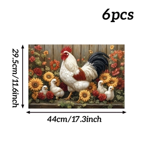 Detailed view of 6pcs garden rooster placemats with size 44x29.5cm dimensions