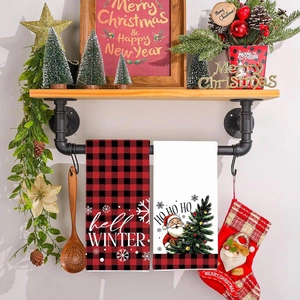 Christmas hand towels set with red black plaid design and festive winter patterns