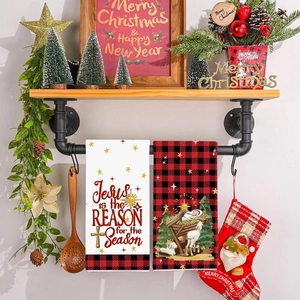 Christmas hand towel set with Jesus quote and buffalo plaid nativity scene design