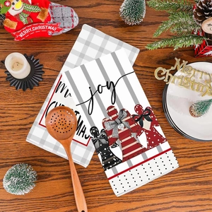 Christmas kitchen hand towel set with joy lettering and gray stripes for holiday home decor