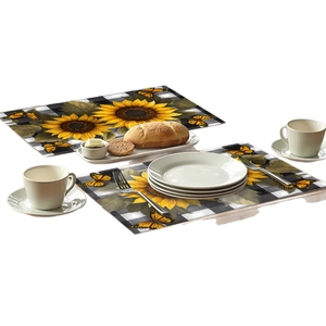 Modern sunflower and black white plaid placemat set for country style table decor