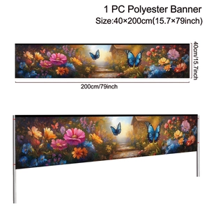 Polyester floral banner with blue butterflies, size 40x200cm for spring party decoration